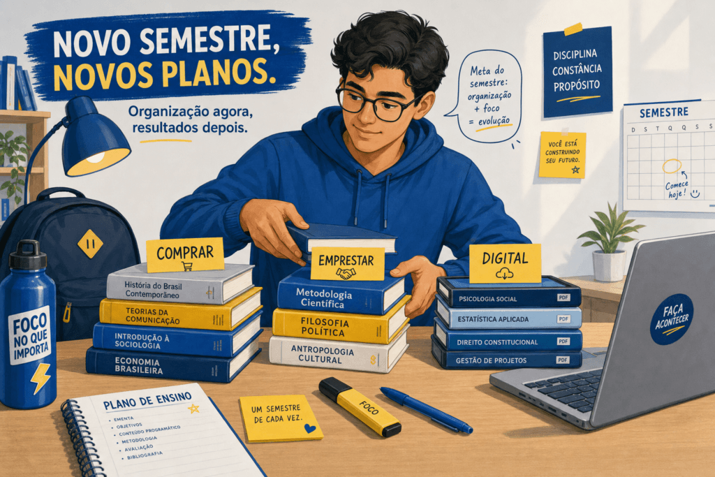 Estudante organiza quais livros da faculdade comprar no começo do semestre
